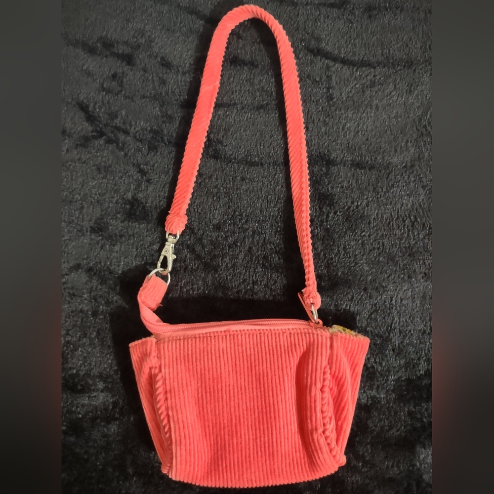 HANDMADE Little Girl's Embroidered & Beaded Coral Corduroy Purse - Picture 3 of 12